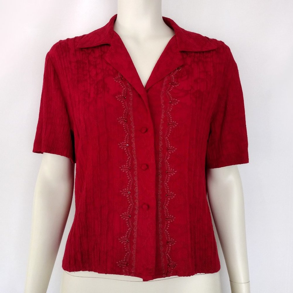 Dress Barn Red Floral Embroidered Beaded Rayon Button Down Blouse